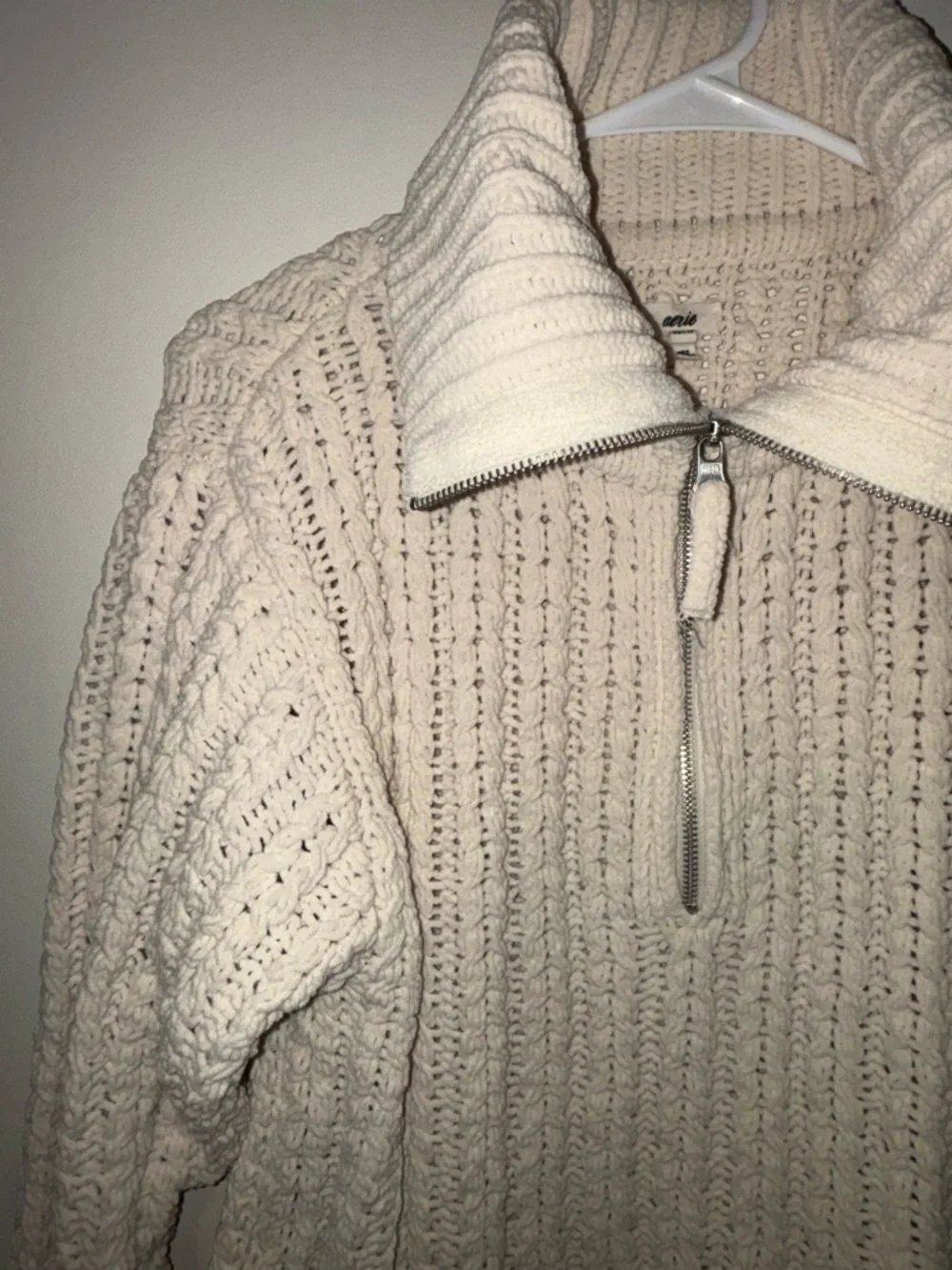 Aerie Women's Chunky Cream Oversized Quarter Zip Cable Knit Sweater Size XS